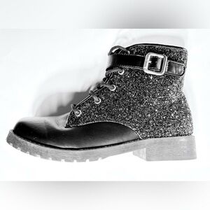 Black Lace-Up Ankle Boots with Glitter Panels